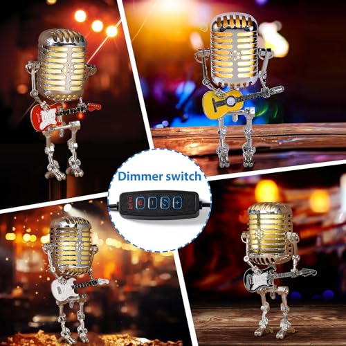 Xmpmrb Vintage Microphone Guitar Robot Lamp, Unique Design, White, Metal Plastic, LED, USB Powered, Tabletop, Bedroom, Energy Efficient