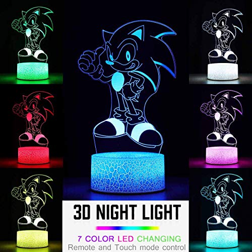 QIKI 3D Illusion Sonic The Hedgehog Night Light, Anime Table Lamp with Remote Control & Smart Touch & Timer,Kids Bedroom Decoration, Birthday for Age 2 3 4 5 6 7+ Year Old Kids Gifts (Sonic)