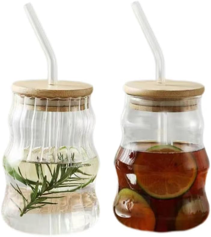 2 Pack Glass Drinking Glasses with Bamboo Lids and Glass Straw, Ribbed Glass Cups Vintage Drinking Glassware Ripple Crystal Cocktail Glasses for Iced Coffee Juice Beverage Milk 500ML