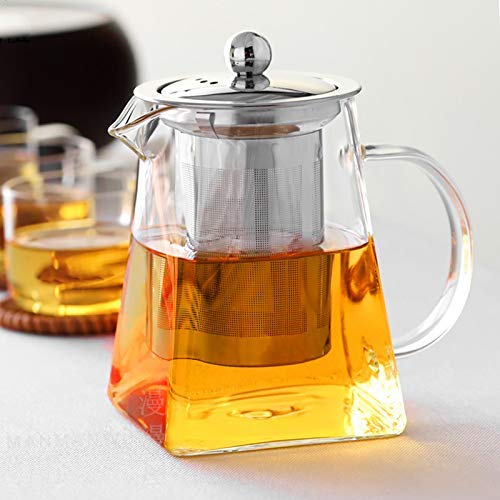 AZSCYN 550ML/18OZ Square Glass Teapot with Heat Resistant Stainless Steel Infuser Perfect for Tea and Coffee, Clear Leaf Teapot with Strainer Lid gift for your family or friends (550ML)