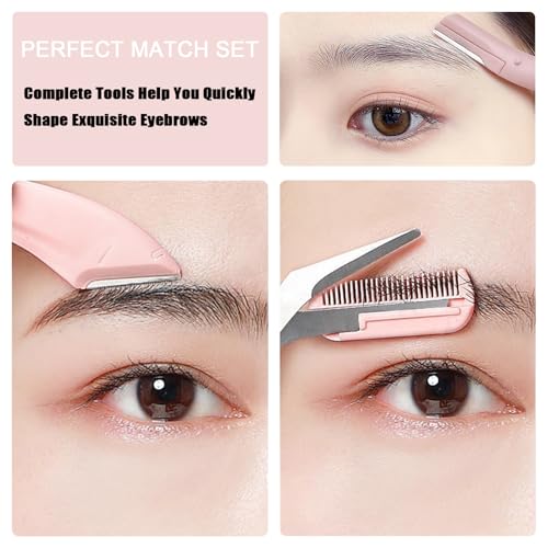 Juformin Eyebrow Trimmer Set, 3 Pcs Eyebrow Lamination Kit,Eyebrow Scissors with Comb& Curved Eyebrow Razor&Straight Eyebrow Razor,Convenient Beauty Tools for Men Women(Pink)
