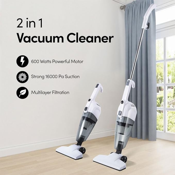Vacuum Cleaner 2 in 1 Handheld Stick Cleaner 4M Long Cord Lightweight Powerful 600W 16000Pa Suction 0.5L Large Capacity Excellent Central Filtration System for Car Home Kitchen Hair- White