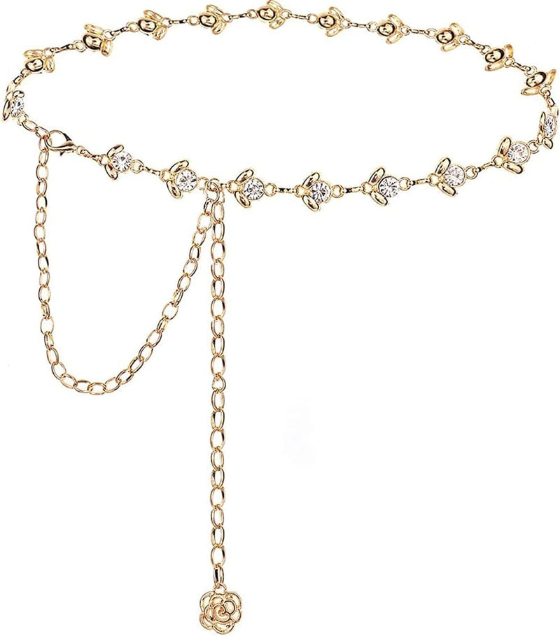 Chain Belt for Women Rhinestone Crystal Waist Belts Metal Waist Chain Metal Belt Women Girls Adjustable Body Link Belts Fashion Belly Jewelry for Jeans Dresses (Gold)