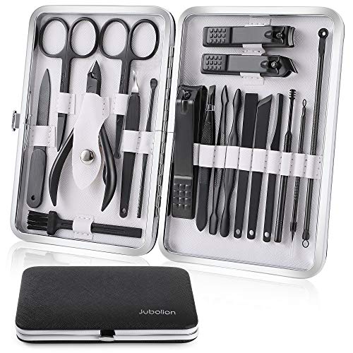 Jubolion Manicure Set, 19pcs Stainless Steel Professional Nail Clippers Pedicure Set with Black Leather Storage Case, Portable Grooming Kit for Travel or Home, Perfect Gifts for Women and Men (Black)