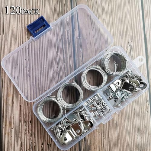 JOEJNCED 100pcs Picture Hanging kit, Picture Hanging Hardware with Wire Picture Hanging Kit, Wall Hooks for Hanging Pictures with Wire, Screw, D Ring, Loop Sleeves for Picture Frame, Mirror, Art