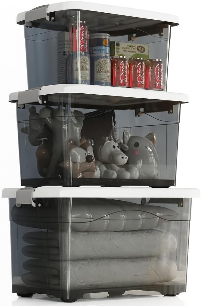 XV Plastic Storage Box Set with with Lockable Lid (Medium+Large+XL),Stackable Containers,Transparent Boxes Storing Clothes, Tools, Office Supplies (3-Pack Storage Bins Transparent, Gray) - Gray 3-Pack Storage Bins – Transparent