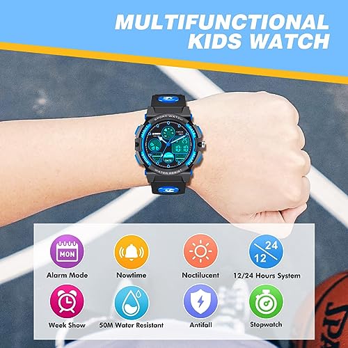 Kids Watch,Unisex Kids Watch for 3-15 Year Old Boys,Digital Sport Outdoor Multifunctional Chronograph LED 50M Waterproof Alarm Calendar Analog Watch for Children with Silicone Band