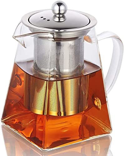 AZSCYN Square Glass Teapot for One with Heat Resistant Stainless Steel Infuser Perfect for Tea and Coffee,Clear Leaf Teapot with Strainer Lid Gift for Your Family or Friends (750 ML)