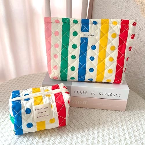Sminra Floral Makeup Bag Large Cotton Quilted Cosmetic Makeup Bag Organizer, Aesthetic Portable Pouch Purse Toiletry Bag for Women Girls Travel accessories(Blue Floral-L)