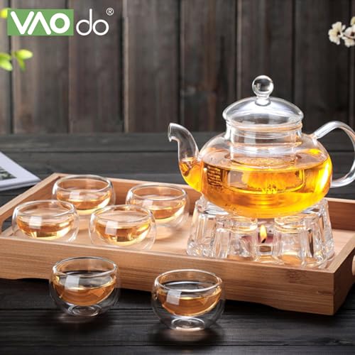 VAODO Glass Teapot Set, 8 Piece Glass Tea Set, 1 Teapot 600ml, 1 Heart Shape Candle Holder and 6 Cups 50ml with Removable Infuser, Tea Gift Sets