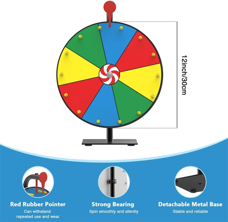 12 Inch Prize Wheel Spinning Game - Carnival Spinner Wheel for Prizes, Fortune Wheel Spinner with Stand, Ruleta de Premios with Dry Erase Marker and Eraser, 10 Options