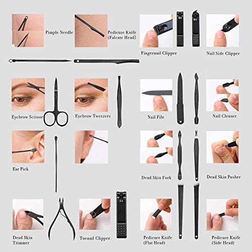 JW Professional Stainless Steel Pedicure & Manicure Set - 16 in 1 Travel Grooming Kit with PU Leather Folding Case - Includes Nail Clipper, Scissors, Cutter - Women & Men