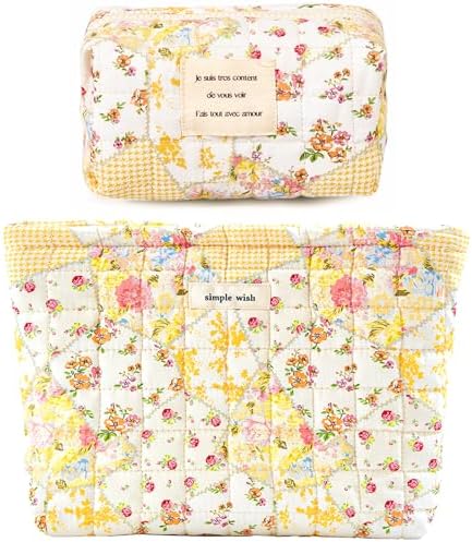 Sminra Floral Makeup Bag Large Cotton Quilted Cosmetic Makeup Bag Organizer, Aesthetic Portable Pouch Purse Toiletry Bag for Women Girls Travel accessories(Blue Floral-L)