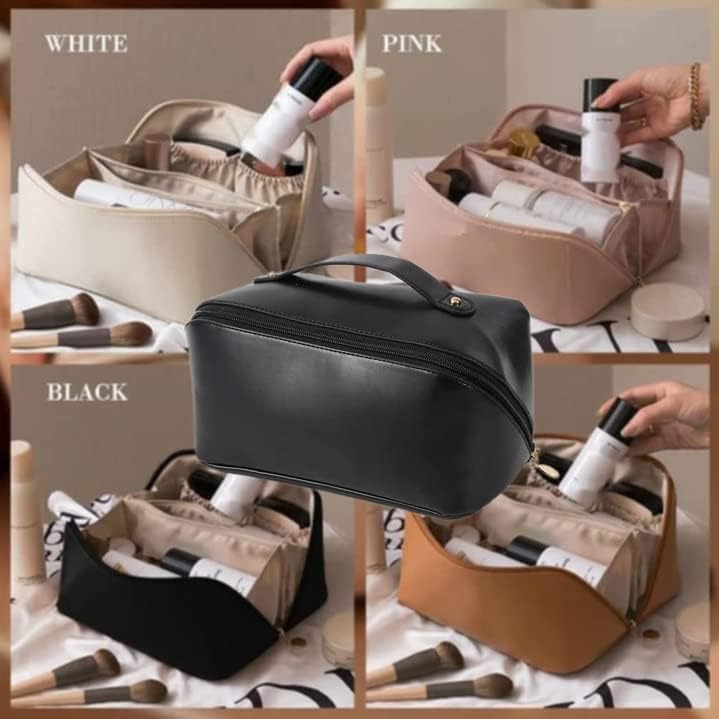 Necomi® Large-Capacity Travel Cosmetic Bag | Leather Makeup Bag | Waterproof Portable Cosmetic Bag | Multifunctional Storage Makeup Bag | Travel Cosmetic Bag (Brown)