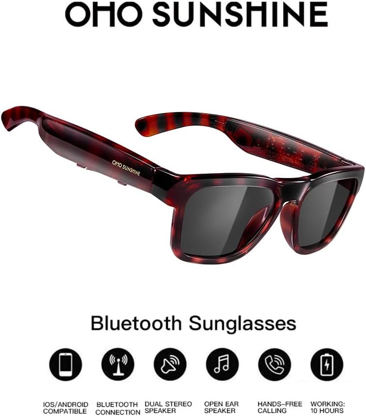 OhO sunshine OhO Bluetooth Sunglasses,Voice Control and Open Ear Style Smart Glasses Listen Music and Calls with Volume UP and Down,Bluetooth 5.0 Audio Glasses and IP44 Waterproof, unisex-adult
