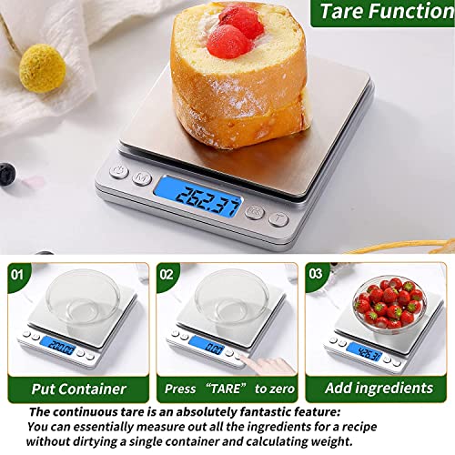 Nabelisen Grams Scale Ounce Mini Scale, 3000g by 0.1g Accuracy, Digital Food Kitchen Durable Scale for Baking,Jewelry, Herbs, Seasoning,9 Units Conversion,Tare Function, Trays Included,Silver
