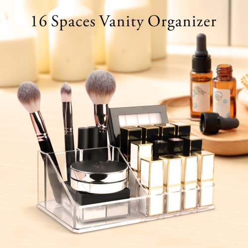 Baytion Makeup Organizer Lipsticks Organizer,Acrylic Cosmetic Storage with 16 Slots,Cosmetic Brush,Skin Care Product and Lipsticks Holder for Bathroom&Bedroom
