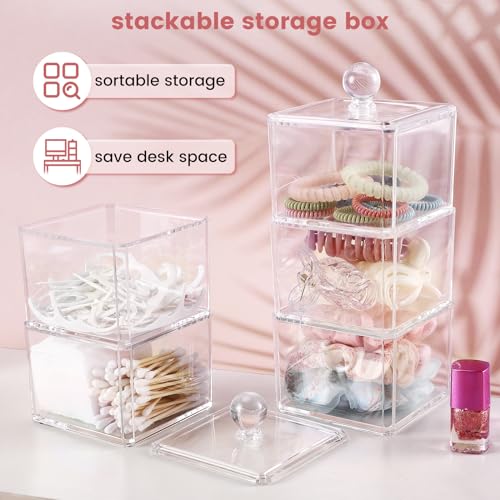 BLVRYVIO Hair Accessories Organizer, Bathroom Containers for Headbands, Bows, Ties, Tools, Scrunchies, Cotton Swab Organization - Clear 3 Stackable Acrylic Holder With Lids