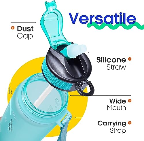 AeDukan Sport Water Bottle 1L / 32oz with Motivational Time Marker Straw Strainer Tritan Plastic BPA Free for kids Fitness Gym Office Outdoor School Sports and Exercise Leak Proof (Green & Purple)