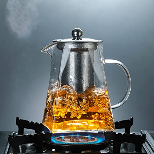 VUCATIN Square Glass Tea Pot, Borosilicate Glass Teapot, Loose Leaf Tea Kettle, 950 ml Borosilicate Glass Heat Resistant Clear Leaf Teapot with Infuser Strainer for Microwavable and Stovetop Safe