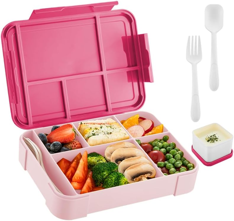 4H Essential Bento Lunch Box 6 Compartments, Leak Proof Food Container, BPA Free Microwave Safe, Meal Prep Box for Adults Kids School Office Travel (Green) - Pink Rose