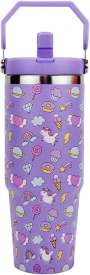 30 oz Purple Unicorn Kids Tumbler Stainless Steel Insulated Large Water Bottle 900 ml with Handle & Flip Straw Cute Leak-Proof Travel Mug for Girls Cup Holder Friendly - Purple Unicorn Dreams