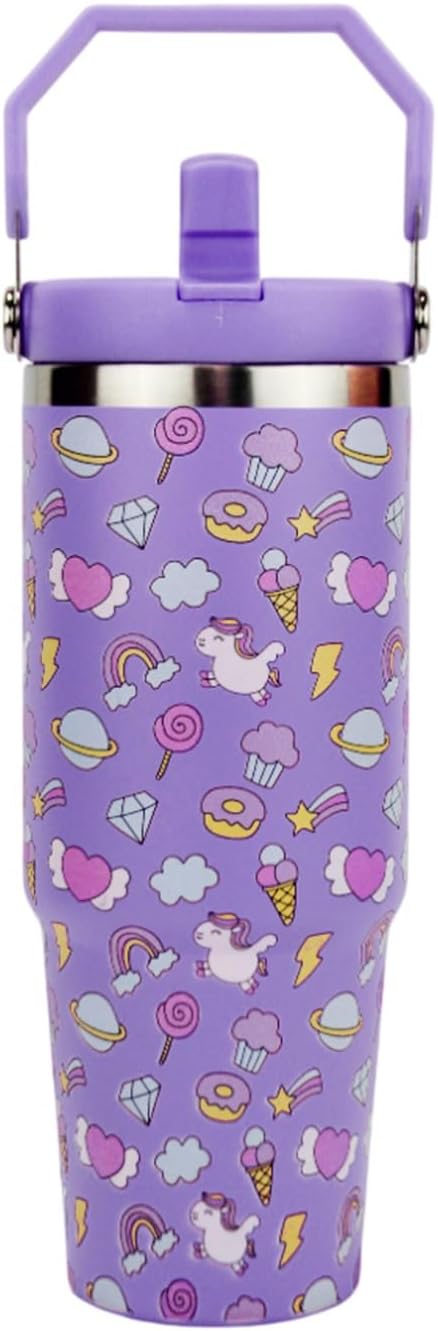 30 oz Purple Unicorn Kids Tumbler Stainless Steel Insulated Large Water Bottle 900 ml with Handle & Flip Straw Cute Leak-Proof Travel Mug for Girls Cup Holder Friendly - Purple Unicorn Dreams