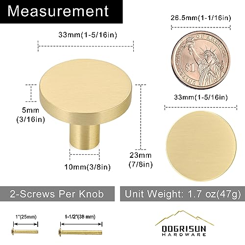 QOGRISUN 10-Pack Solid Brass Cabinet Knobs, 1-5/16-Inch Diameter, Round Gold Dresser Drawer Pulls Handles, Modern Kitchen Hardware, Brushed Brass Finish