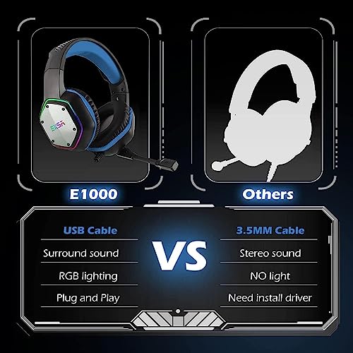 EKSA E1000 Gaming Headset, Computer Headphones with Noise Canceling Mic & RGB Light, 7.1 Surround Sound, Compatible with PC, PS4 PS5 Console, Laptop