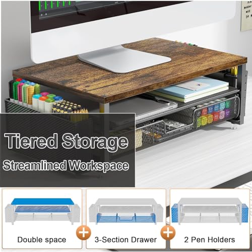 gianotter Monitor Stand Riser, Desk Organizer with Drawer and Pen Holder, 2-Tier Computer Stand, Office Desk Accessories, Office Organization (Wood)