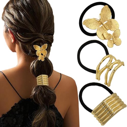3PCS Metal Hair Ties, Ponytails Hair Cuffs Metal Geometric Elastic Hair Ties Women's Glossy Ponytail Hair Elegant Durable Design Tie Hair Accessories for Thick Hair Ponytails suitable (gold, 3pcs)