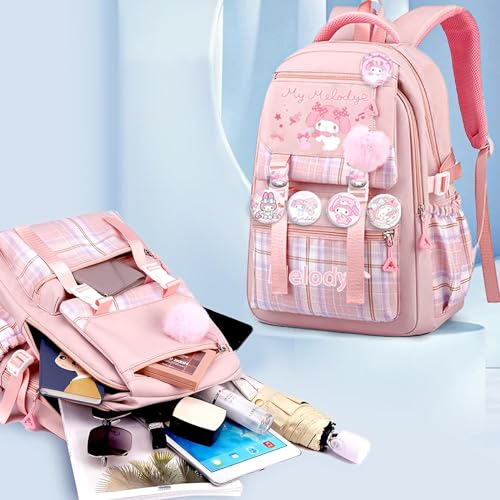 Kawaii Backpack with 1 Pen Pouch, 5 Badges, 2 DIY Pins, 1 Furball - Large Capacity Cute Children's Backpack for School & Travel - Anime Kids Backpack Nylon for Primary Junior School