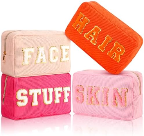 Pinkunn 4 Pcs Preppy Makeup Bags Christmas Chenille Letter Bag Face Skin Hair Stuff Cosmetic Bag Corduroy Makeup Pouch with Zipper Birthday Gifts for Women(Purple, Pink, White, Blue,Corduroy)