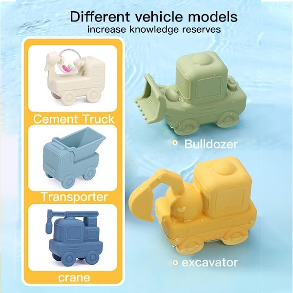 Baby Bath Toys,4 Pack Toddler Cars Truck Bathtub Toys,Silicone Baby Toys,Soft Squeezable Float on Water, Basket Stuffers for Boys Girls