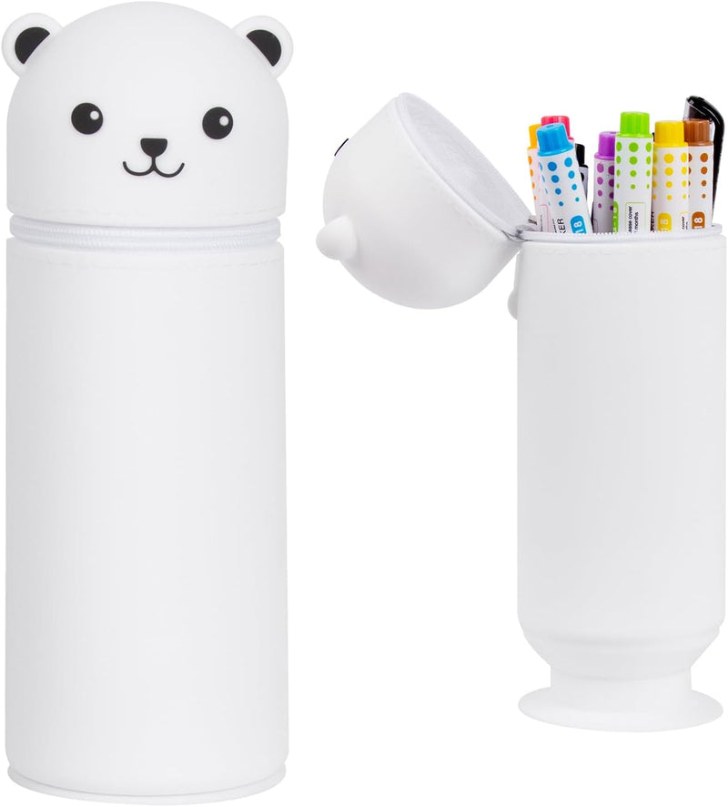 ECOSEAO 2 in 1 Soft Silicone School Pencil Case, Bear Silicone Case, Zipper Closure, for Children Students Adults, White, White - White