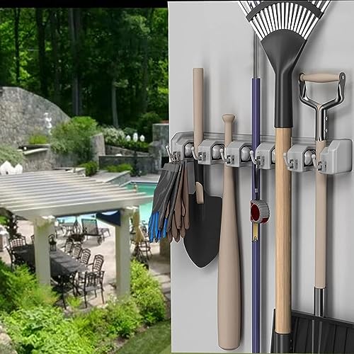 SKY-TOUCH Mop And Broom Holder, Wall Mounted Organizer Mop And Broom Saving Space Storage Rack For Kitchen Garden And Garage,Laundry Offices,5 Position With 6 Hooks