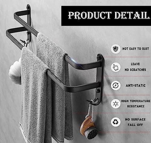 Fohome Towel Bar, Self-Adhesive Towel Rack with Hooks, 2 Rod Towel Holder for Bathroom, 16 Inch Wall Mounted Towel Hanger for Bathroom, Kitchen, Shower (Black)