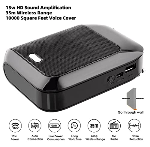 VOEMPHI UHF Wireless Voice Amplifier, 15W Rechargeable PA System (2400mAh) Bluetooth Speaker With Wireless Headset Microphone for Teachers, Tour Guide and more (Black)