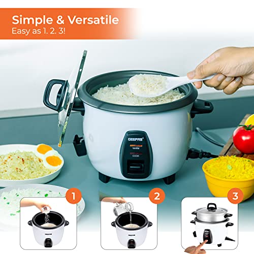 Geepas Electric rice cooker GRC4325N| 1.0L Capacity| 3 in 1| Cook, Steam and Keep Warm| Non-Stick| 450W| Single Switch | White| 2 Years Warranty