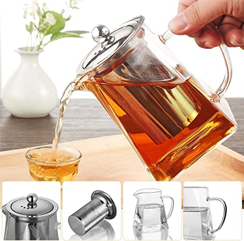 AZSCYN Square Glass Teapot for One with Heat Resistant Stainless Steel Infuser Perfect for Tea and Coffee,Clear Leaf Teapot with Strainer Lid Gift for Your Family or Friends (750 ML)
