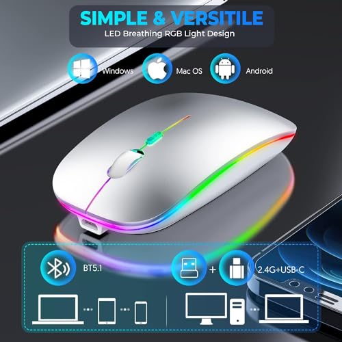 GraGra Wireless Rechargeable Bluetooth Mouse for Laptop, 2.4 GHz With 2 USB A to C Adapters, 3 Buttons, 800-2400 DPI, Computer Accessories