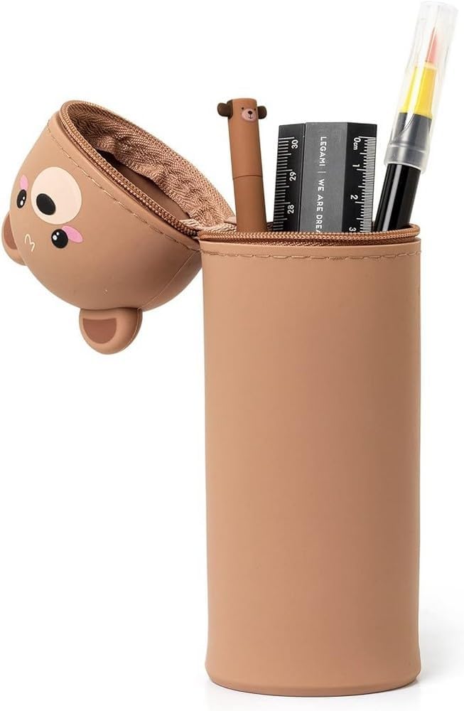 Legami - 2 in 1 Pencil Case in Soft Silicone, Kawaii, 6,3x18,5 cm, Teddy Bear Theme, Pencil Case and Desk Pen Holder, Retractable Capacity, Zipper Closure