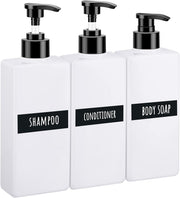 Segbeauty Shampoo and Conditioner Dispenser Refillable, 3pcs 16.9oz Shower Bottles Soap Dispenser with Labels, 500ml Empty Plastic Square Pump Bottle Dispenser Body Wash Containers for Bathroom Black - White-self-labeling 400ml