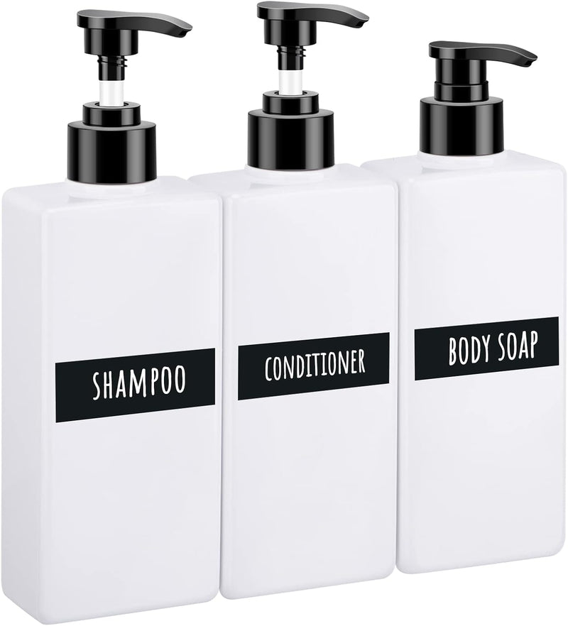 Segbeauty Shampoo and Conditioner Dispenser Refillable, 3pcs 16.9oz Shower Bottles Soap Dispenser with Labels, 500ml Empty Plastic Square Pump Bottle Dispenser Body Wash Containers for Bathroom Black - White-self-labeling 400ml