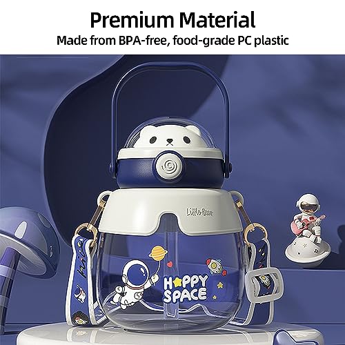 YumLock Kawaii Water Bottle for Kids School with Straw | Cute Bear Design | Large Capacity | Leak-Proof | BPA-Free | Reusable Girls & Women Cup for Travel, Sports, Camping | 860ml, Blue