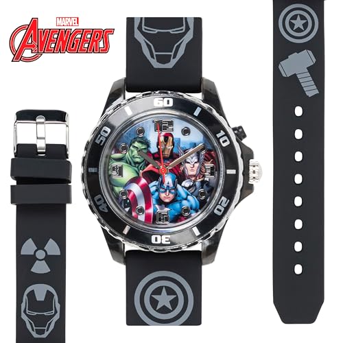 Marvel Avengers Adventure Analog Quartz Kids' Watch with Flashing LED Lights - Superhero Icons Band, Japanese Movement, Black