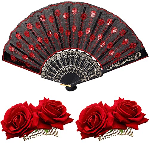 TERRIFI 2 Pieces Women Rose Flower Hair Clip and Embroidered Sequins Fabric Handheld Folding Fan Hair Accessories for Flamenco Dancer Costume Accessories Girl Cosplay Party