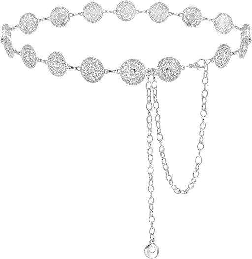 Belt for Women Dresses Metal Concho Waist Chain Western Boho Hip Belt for Saree Vintage Stylish Adjustable Chunky Belly Chain Women Fashion Belts for Dresses, Jeans, Skirts - Silvercolor