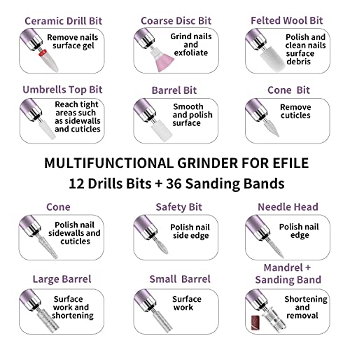 Ftrule Cordless Electric Nail Drill, Portable Professional Rechargeable Efile Nail File Machine with Nail Drill Bits, Sanding Bands for Acrylic Gel Nails, Manicure Pedicure Polishing, Purple