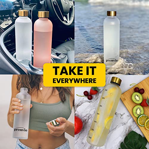 Premvio™ Premium Tritan Bottle Water Bottle With Time Markers - Motivational Water Bottle Leak Proof - BPA Free - Gym, Sports, Outdoors 32oz, Clear white